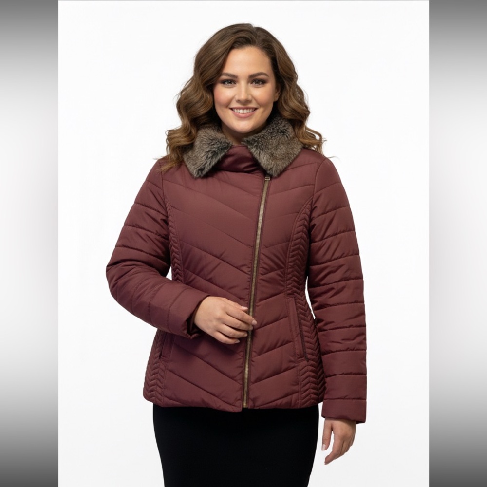 Bravissimo/Pepperberry Puffer Jkt Burgundy- Faux Fur Collar Curvy Fit - Sz US 12